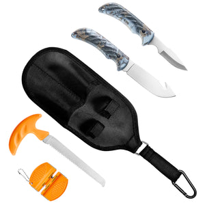 4-piece Hunting Knife and Saw Combo Set, Gut-hook Skinner, Fixed Blade Caping Knife, Nylon Belt Sheath