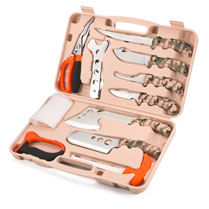 Hunting Deer Knife Set Field Dressing Kit Portable Butcher Game Processor Set, 12 Pieces Khaki Camo