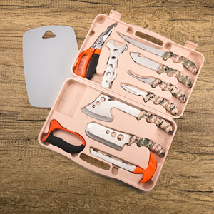 Hunting Deer Knife Set Field Dressing Kit Portable Butcher Game Processor Set, 12 Pieces Khaki Camo