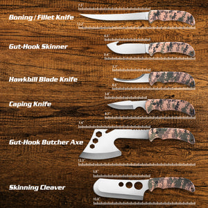 Hunting Deer Knife Set Field Dressing Kit Portable Butcher Game Processor Set, 12 Pieces Khaki Camo