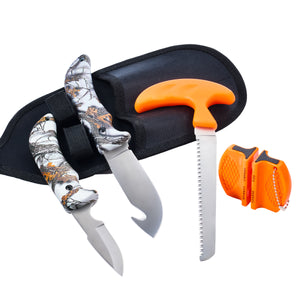 4-piece Hunting Knife and Saw Combo Set, Gut-hook Skinner, Fixed Blade Caping Knife, Nylon Belt Sheath