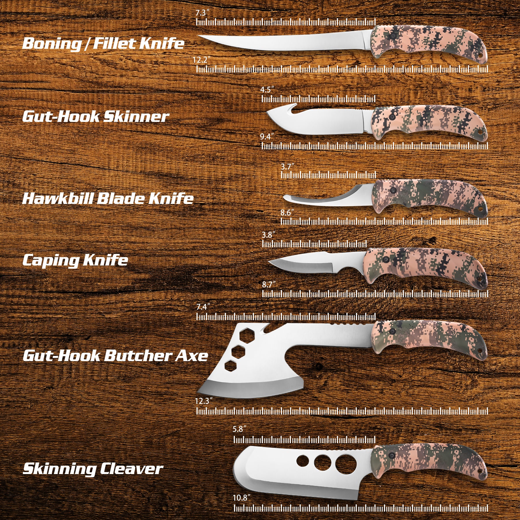 Country Trails 5PC Game Butcher Knife Set Kit Skinning Boning Cleaver w/  Case