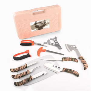 Hunting Deer Knife Set Field Dressing Kit Portable Butcher Game Processor Set, 12 Pieces Khaki Camo